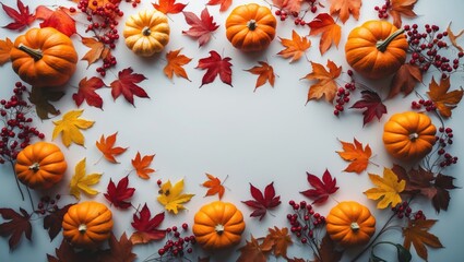 Top view of pumpkins and leaves on a light background, seasonal decor