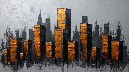 Black and white cityscape painting with grid-like buildings, decay, crumbling structures, and textured surface creating a mood of disrepair