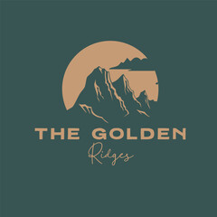 The Golden Ridges logo features majestic mountain peaks against a sun or moon, directly representing scenic landscapes and possibly adventure or tranquility. Layered EPS Vector
