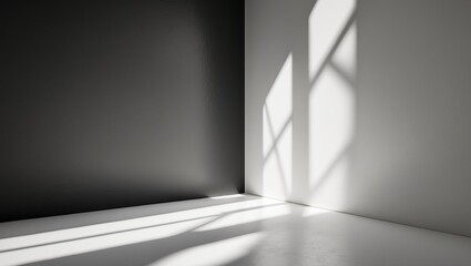 Abstract black background featuring diagonal shadow lines and sunlight rays for product presentation