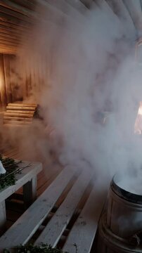 Steam filling sauna room with banya attendant