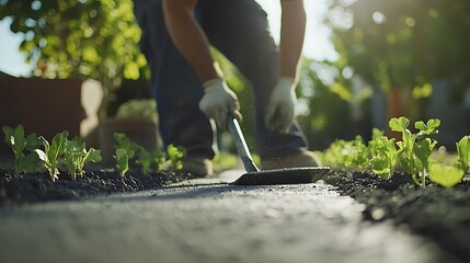 Fototapeta premium Gardener Using a Tool to Tend to Seedlings in a Garden