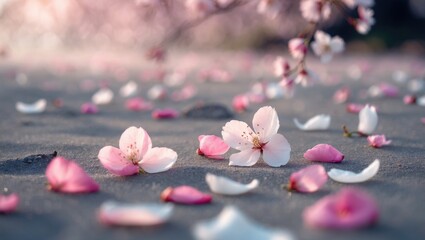 Obraz premium Fallen cherry petals on the ground with a soft-focus floral backdrop.