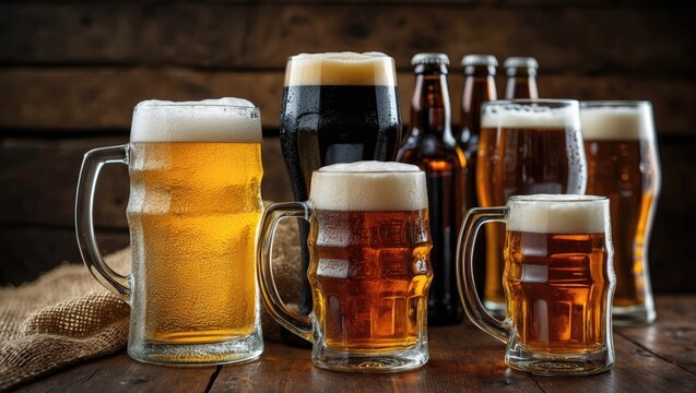 Collection of different beer glasses set on table with burlap cloth