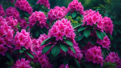 Bush adorned with deep pink azalea flowers in the garden