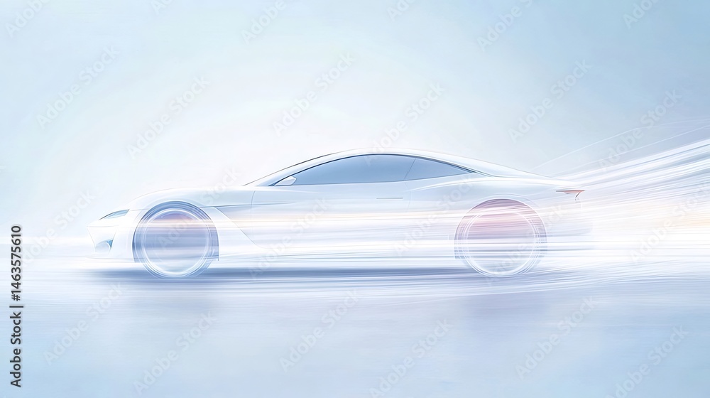 Aufkleber スピード感溢れる未来的な自動車のデザイン 白い背景にぼやけた動きの軌跡 未来技術と自動車産業のコンセプト