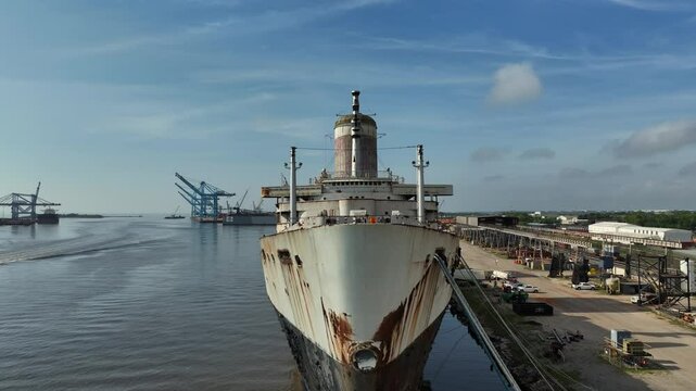 Bow view of the SS United States docked at the Port of Mobile in Alabama
