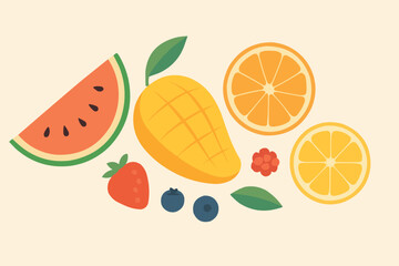 Tropical Fruit Illustration Mango Orange Watermelon Berry Citrus Art