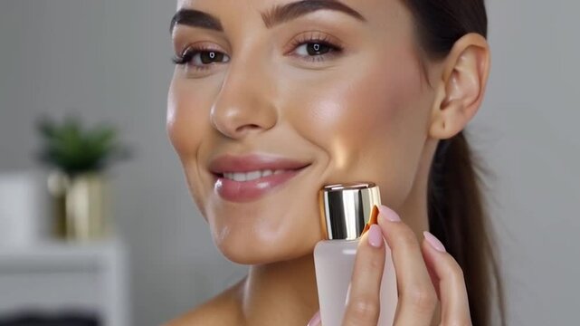 A radiant young woman with a flawless complexion holds a sleek skincare bottle, gently demonstrating its application on her cheek.