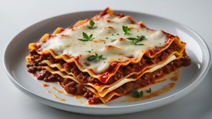Italian-style lasagna featuring cheese, sauce, and vegetables on a white plate
