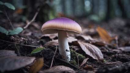 Fototapeta premium Closeup of a lone purple boletus mushroom amidst forest foliage
