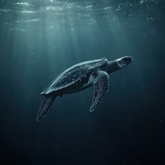 Sea Turtle Swimming Underwater in Ocean Sunlight Rays Marine Life Conservation Wildlife Photography
