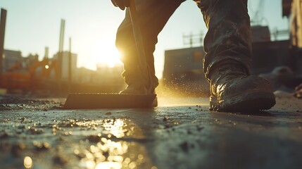 Construction Worker Sweeping Debris at Sunset