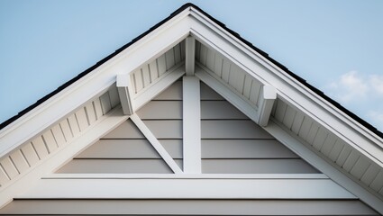 Stylish white fascia and soffit with corbel and bracket details on a gable roof, finished with vinyl siding and set against a sky scene