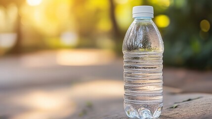 Plastic water bottle standing on a wooden surface in a park during a beautiful sunset, promoting hydration and refreshment