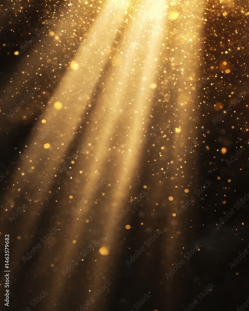 Poster golden light rays shining down through dust particles creating ethereal atmosphere abstract concept