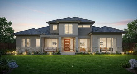 Exterior view of a modern house with a green lawn