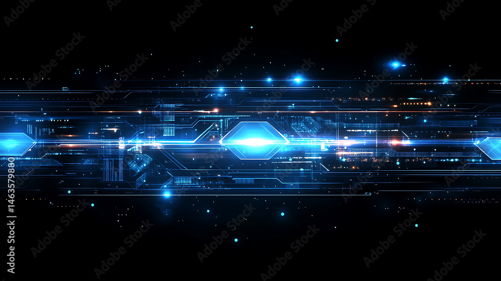 Poster futuristic technology background with glowing blue circuit board elements for digital innovation and