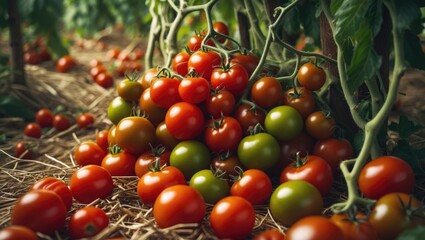 Fresh organic tomatoes, a bunch of shiny red cherry tomatoes growing on the bush