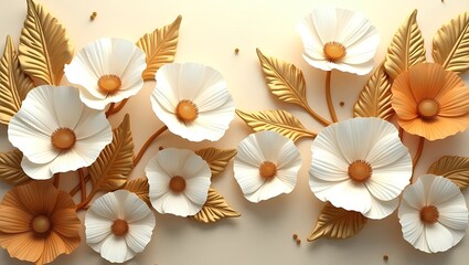 Beautiful floral background wallpaper with white and gold flowers for home decor and wall art design