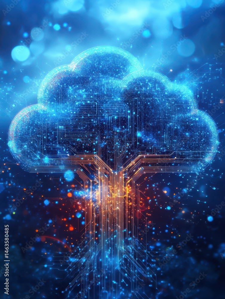Aufkleber digital cloud computing network abstract concept with glowing blue and orange circuit board design f