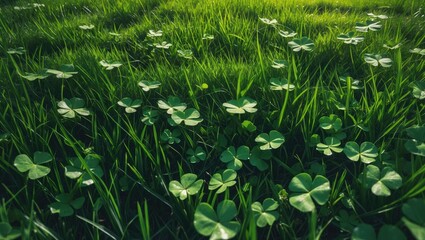 Nature-inspired texture featuring green grass, clover, and plant details