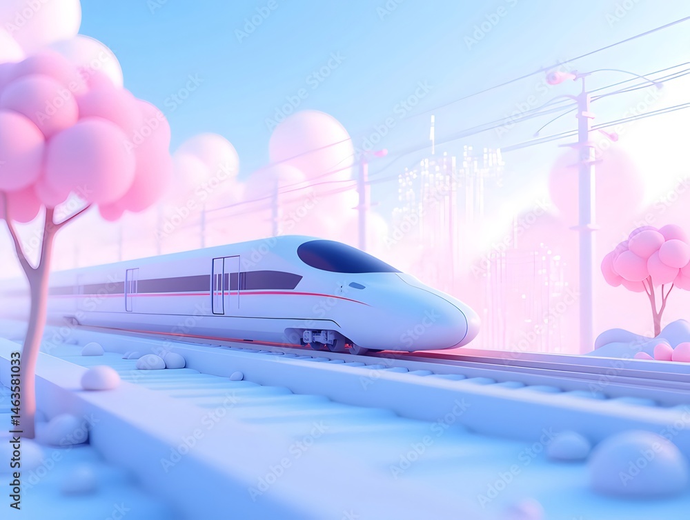 Aufkleber パステルカラーの空と桜の木々を背景にした未来的な高速鉄道列車