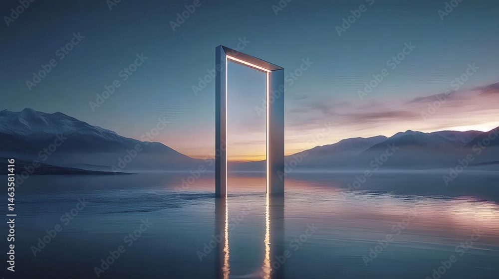 Poster 幾何学的構造体が湖面に反射する静かな風景 夕焼け空と穏やかな水面が調和する抽象的な景観 未来的なアーチ型の建造物が光を放つ