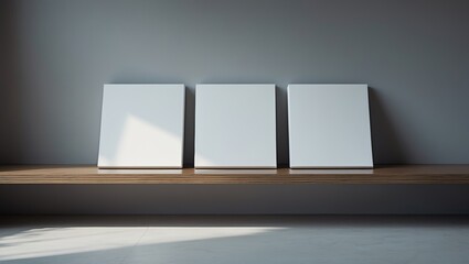 Design concept - front display of three white square notebooks placed on a bookshelf