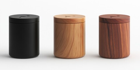 Minimalist Containers Black with Light Wood, and Dark Wood Toned Background.