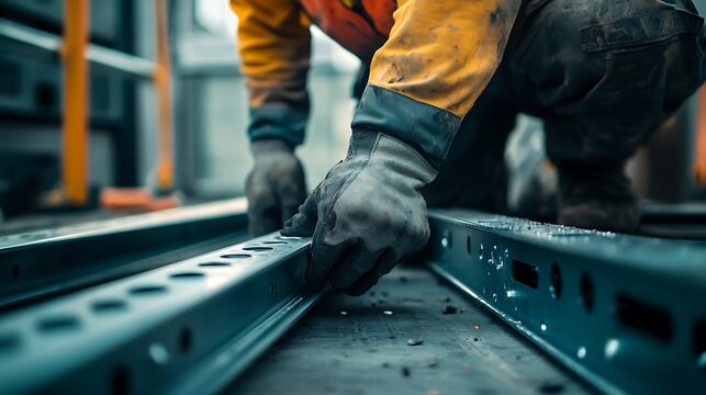 Worker Assembling Metal Beams in Industrial Setting - Powered by Adobe