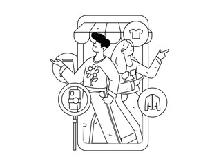 Internet celebrity live broadcast with goods vector internet hand drawn illustration
