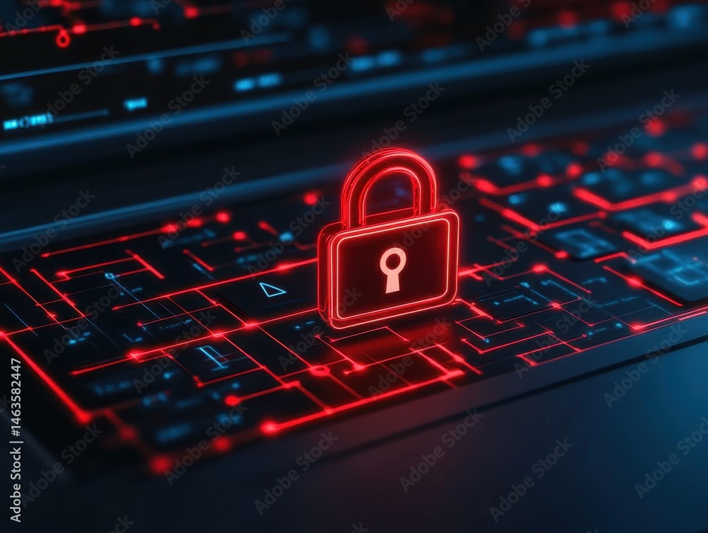 Aufkleber red padlock symbol on keyboard illustrating cybersecurity and data protection with glowing lines and