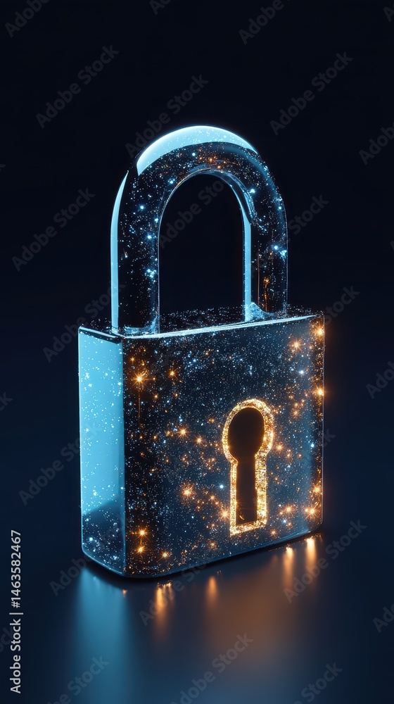 Aufkleber glowing padlock security concept with stars and sparkles close up on dark background for digital saf