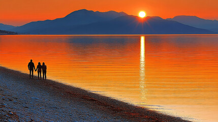 Silhouetted Figures Walking a Beach at Sunset