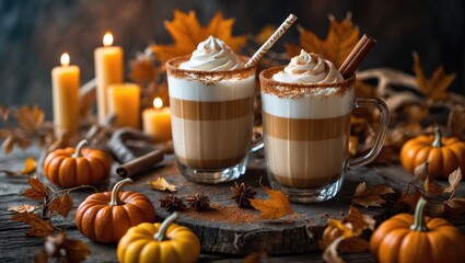 Pumpkin spice latte in twin glasses with cinnamon sugar rims on a wooden surface, surrounded by small yellow and orange pumpkins, beeswax candles, and dried fallen leaves