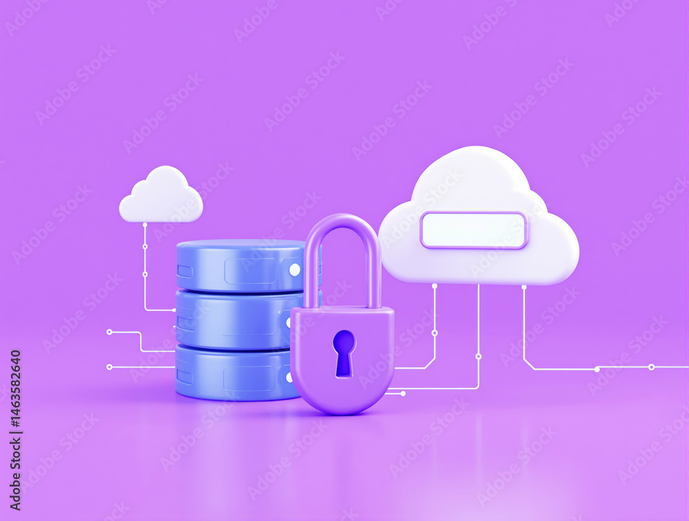 Poster cloud storage security with padlock, data server, and cloud icons in minimal graphic style on purple