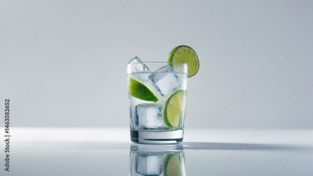 Poster isolated drink with ice and lime slice on background