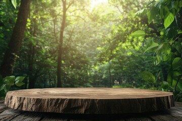 Wood Table against Green Forest Scenery for Natural Product Display Theme