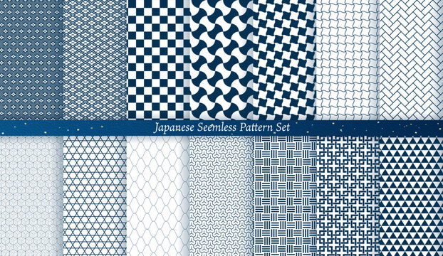 Japanese Seamless Pattern Set of 14 Designs Including Hanabishi Kikkou, Ichimatsu, Kagome, Sankuzushi, and More, textile, background, kimono, and decoration design