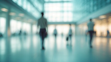 Bright, spacious business hall with blurred city street and glass elements