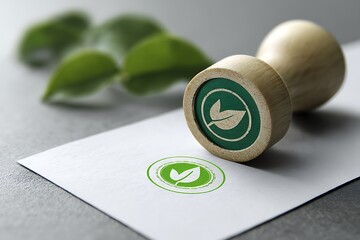Eco-Friendly Wooden Stamp with Leaf Imprint on Paper near Green Leaves
