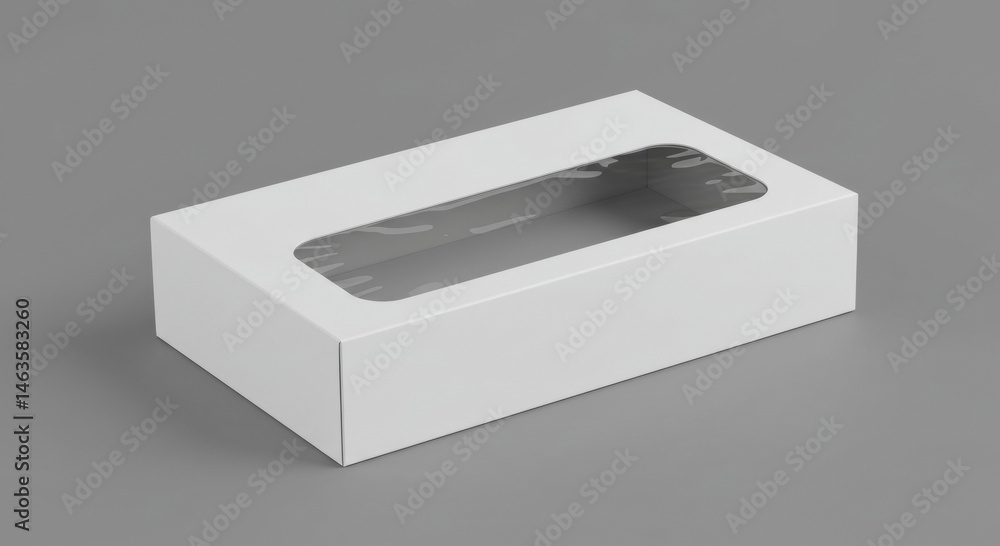 Poster empty white cardboard box with clear window. product packaging resting on a gray surface. blank temp