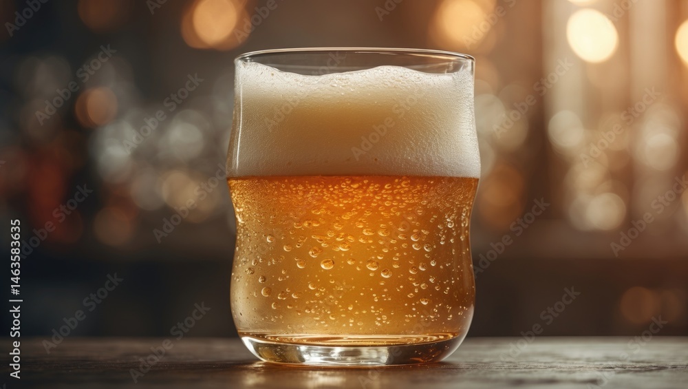 Poster macro shot of beer with textured foam and golden liquid, highlighting bubbles and refreshing appeal 