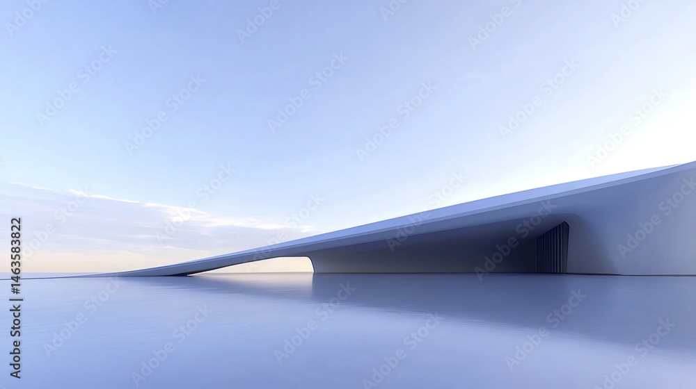 Aufkleber 白いコンクリート構造とアーチのある階段が特徴的なミニマルな建物の外観 青い空と反射する水面とのコントラスト