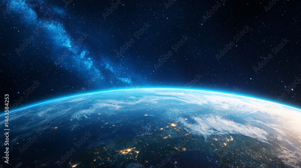 Poster Artistic Representation of Earth from Space with Glowing Atmosphere and Starry Background