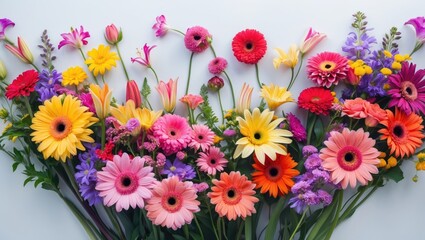 Decorative mix of flowers in a frame on a plain background