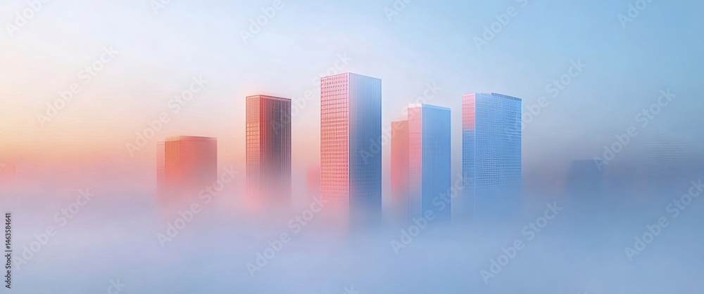 Aufkleber 柔らかい光の中で霧に包まれた高層ビル群のパノラマ シーン、穏やかな空の背景にソフトピンクとブルーの色調が調和