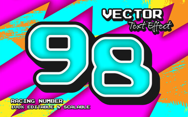 98 digital racing number vector text effect with futuristic neon design and modern pop background style