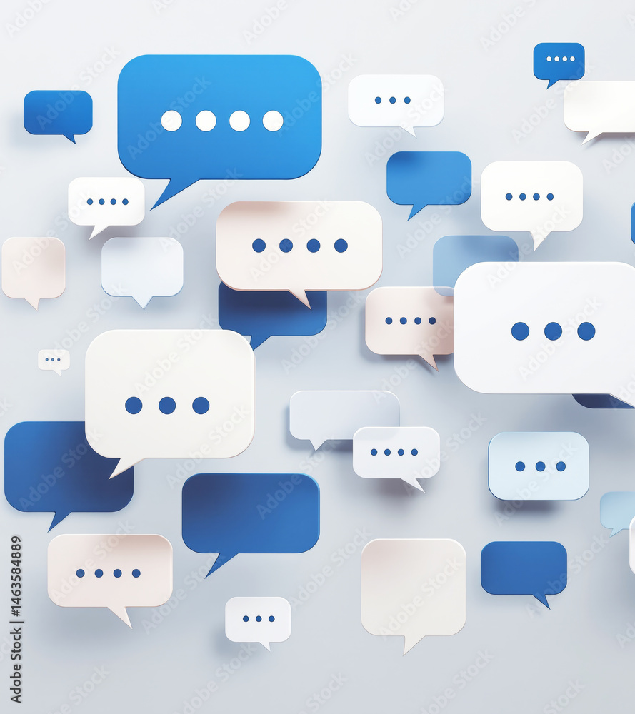 Poster multiple blue and white speech bubbles with ellipses in a modern graphic style on a light background